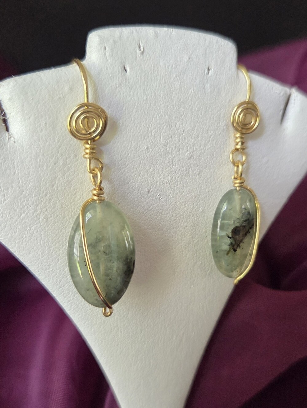 Elegant But Boho ? Brass Dangle Earrings, Prehnite With Epidote Gemstone Beads.